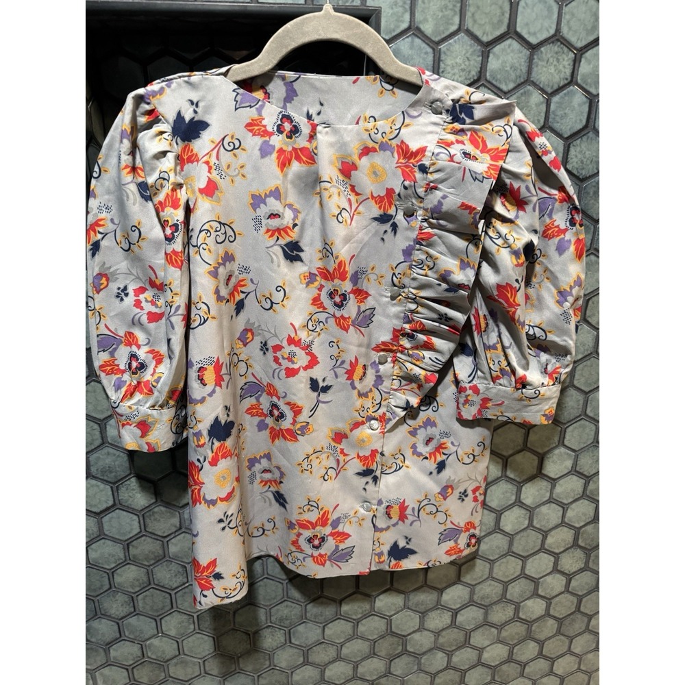 VTG Patterned Women's Small Asymmetrical Ruffle Front‎ Floral Pattern Gray Top